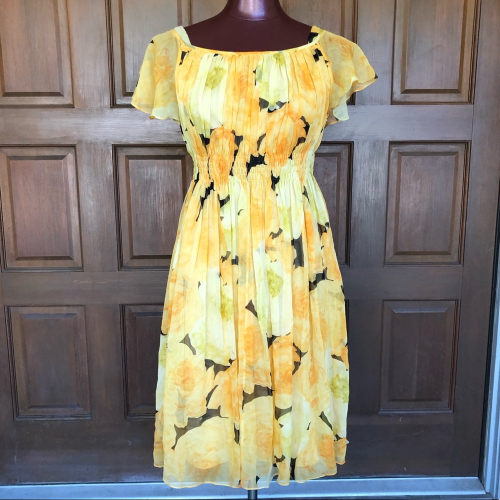 Badgley Mischka Silk Summer Midi Dress Floral Print Yellow size Medium